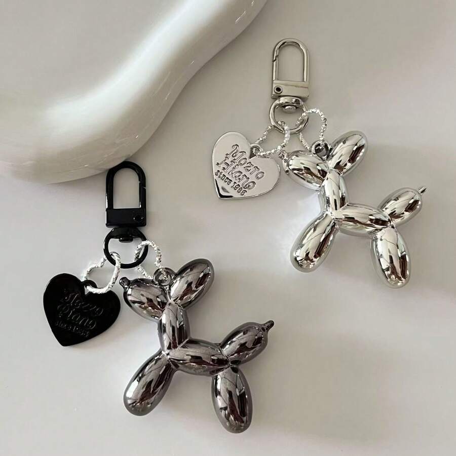 Mirror Balloon Dog Keychain, Cool Electroplated Silver Dog Charm With Black Heart Tag, Keyring Holder With Clasp, Durable Fashion Accessory For Teens And Adults, Gift Bag Decor