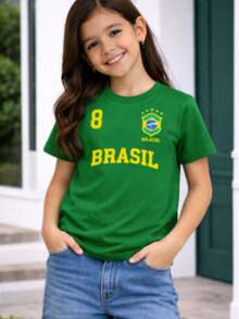 Kids' Soccer T-Shirt, Brazil Cup, Casual, Comfortable, Summer, 100% Cotton, Durable Blouse, Round Neck - màu xanh lá - Xem 2