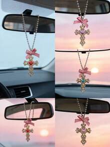 Rhinestone Cross Pendant With Pearl Decor, Car Rearview Mirror Hanging Ornament - Cross - View 1