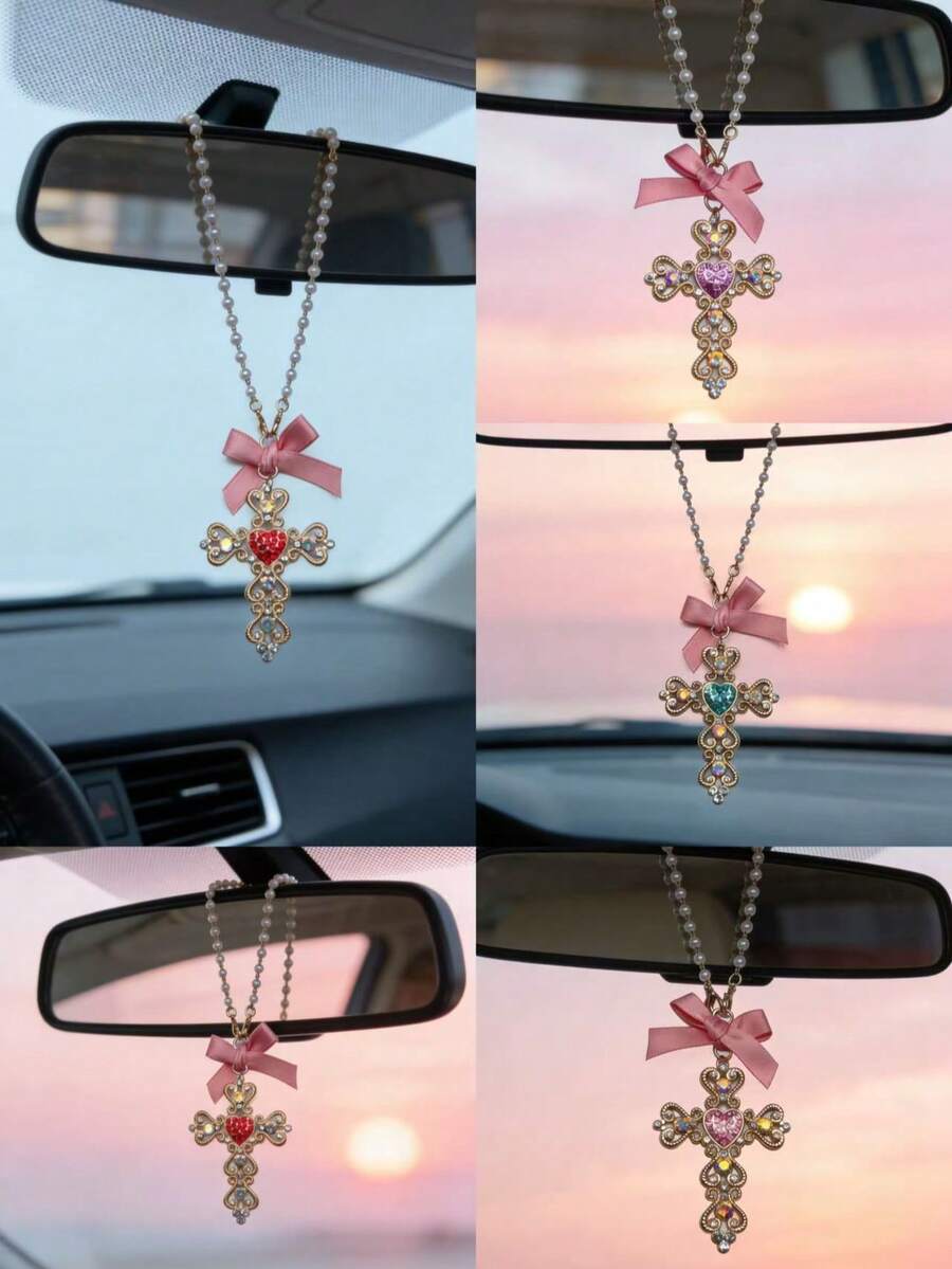 Rhinestone Cross Pendant With Pearl Decor, Car Rearview Mirror Hanging Ornament - Cross - View 1