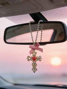 Rhinestone Cross Pendant With Pearl Decor, Car Rearview Mirror Hanging Ornament - Cross - View 6