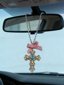 Rhinestone Cross Pendant With Pearl Decor, Car Rearview Mirror Hanging Ornament - Cross - View 14