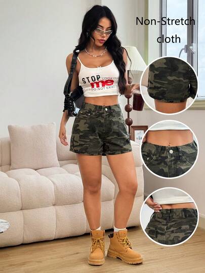 Women's Casual Camouflage Denim Shorts, Non-Stretch Woven Fabric, Straight Leg Summer
