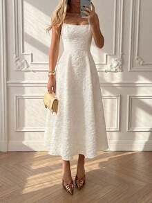 Summer Wedding Elegant Solid Color Sophisticated Lightweight Dress, Fitted Waist Spaghetti Strap Midi Dress, Pink Party,Casual Dress - 奶油 - 查看 12