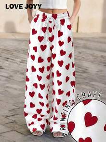 LOVE JOYY Women's Casual Red Heart Print Drawstring Pocket Wide Leg Pants, Perfect For Holidays, Street Style And Everyday Wear - Multicolor - View 1