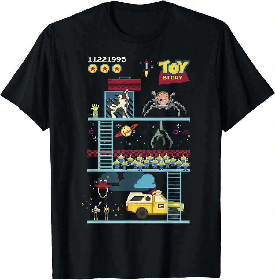 Pixar Toy Story 8-Bit Video Game Scene T-Shirt Holiday Outfits For Women,Summer Holiday Outfits,Tops For Women,Summer Tops,Black Tops,Men Clothes,Summer Clothes,Girls Clothes,Boys Clothes,Funny T Shirts,Graphic Tee - Black - View 1