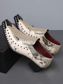 QRLQRL 1 Pair Men's Snake Skin Pattern Rivet Decor Pointed Toe Low-Top Casual Shoes, PU Upper And Rubber Sole, Suitable For Daily Leisure Wear - Gold - View 3