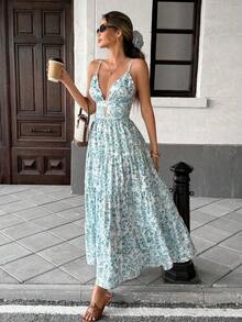 Vestido largo de tirantes con estampado de lunares para mujer, verano.Tirantes finos con diseño de escote en V profundo y corte hueco, falda amplia de múltiples niveles que es ligera y fluida.Tejido transpirable y cómodo, ideal para vacaciones en la playa y salidas diarias. - Celeste - Ver 6