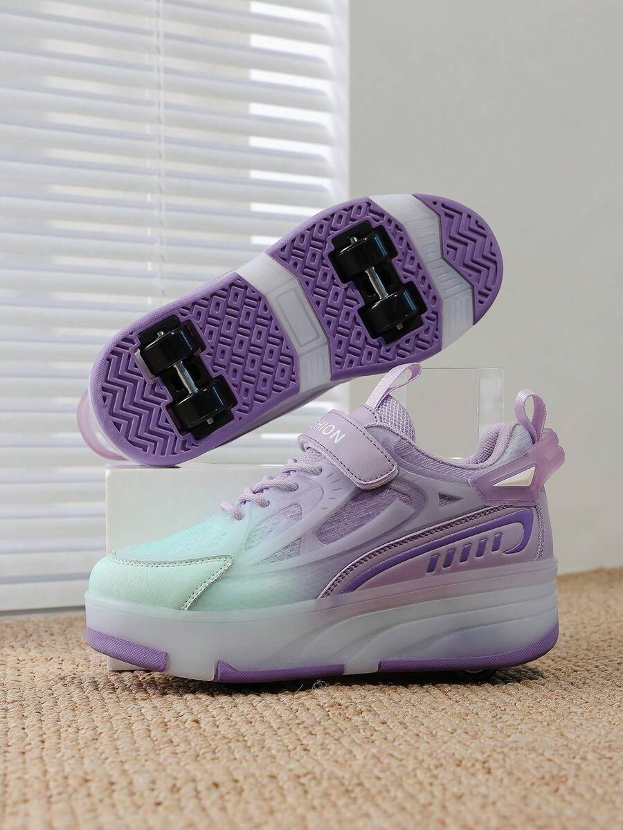 1 Pair Unisex Fashion Comfortable Breathable Versatile Hook And Loop Sports Shoes, Patchwork Contrast Color Athletic Style Roller Skate Shoes, Campus Skateboard Shoes, Holiday Essential - Purple - View 1