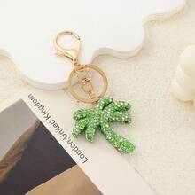 A Stylish And Minimalist Double-Sided Keychain Featuring A Leaf Design Adorned With Sparkling Rhinestones, Perfect For Car Keys Or As A Bag Charm - 綠色 - 查看 3