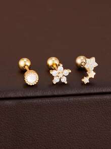 3件套不锈钢花朵星形锆石耳钉套装，18K镀金耳软骨及耳垂耳环，女士饰品 - 3件套 - 查看 3