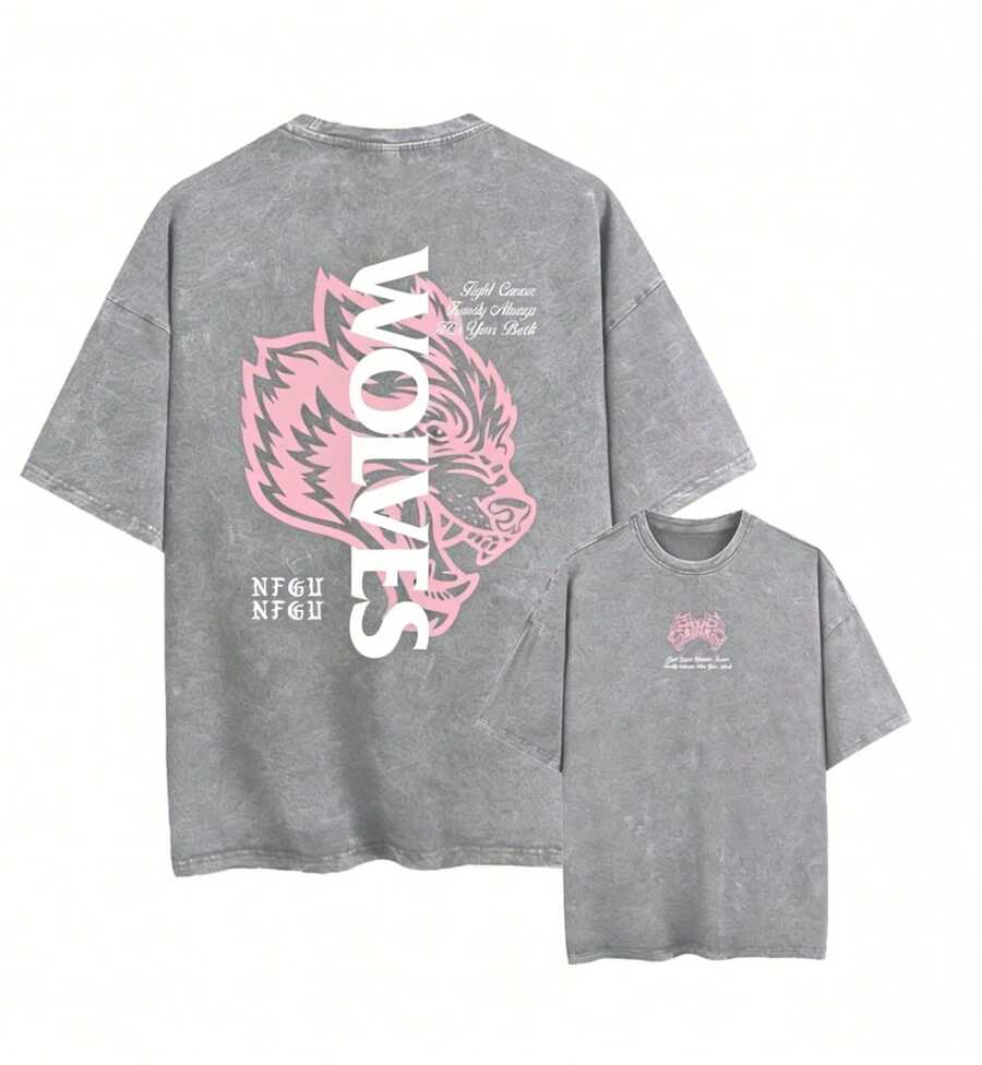2026 Summer New Arrival Unisex T-Shirt, Darc Wolf Print Vintage Washed Men's T-Shirt, Perfect For Fitness And Weight Training, Loose Summer Gym T-Shi - 灰色 - 查看 1