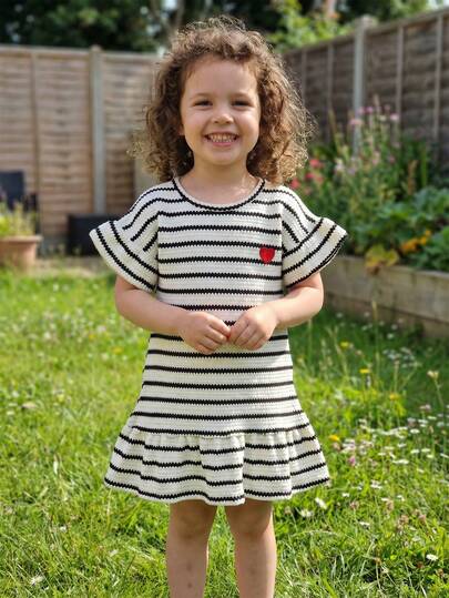 BASUSARRI Black & White Striped Knit Dress, Round Neck Straight Fit Patchwork Ruffle Hem, Minimalist Elegant Summer Dress For Girls