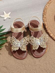 1 Pair Gold Girls' Flat Sandals, Soft & Comfortable, Colorful Bowknot Decor, Closure Round Toe, Soft Non-Slip Sole, Fashionable Bohemian Cute Princess Beach Sandals, Suitable For Daily Casual, Beach, Holiday, Party, Spring/Summer 2026 - Gold - View 1