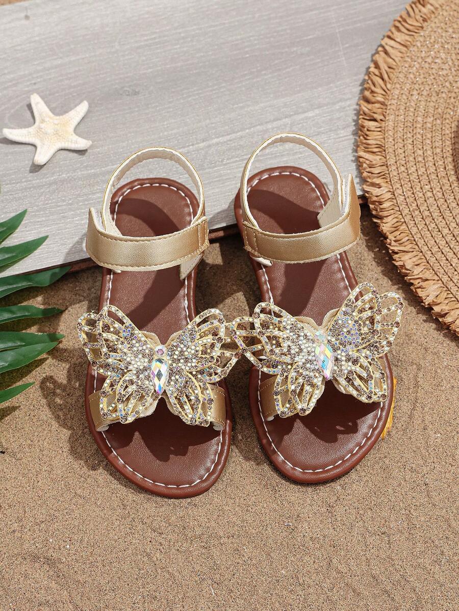 1 Pair Gold Girls' Flat Sandals, Soft & Comfortable, Colorful Bowknot Decor, Closure Round Toe, Soft Non-Slip Sole, Fashionable Bohemian Cute Princess Beach Sandals, Suitable For Daily Casual, Beach, Holiday, Party, Spring/Summer 2026 - Gold - View 1