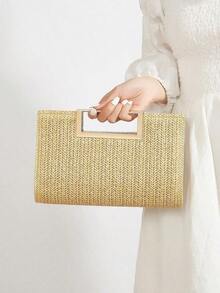 Khaki Fashionable Woven Handbag For Women, Versatile Shoulder Bag For Holiday, Beach, Business Commute, Casual, Minimalist, Beach, Vacation - 卡其色 - 查看 3