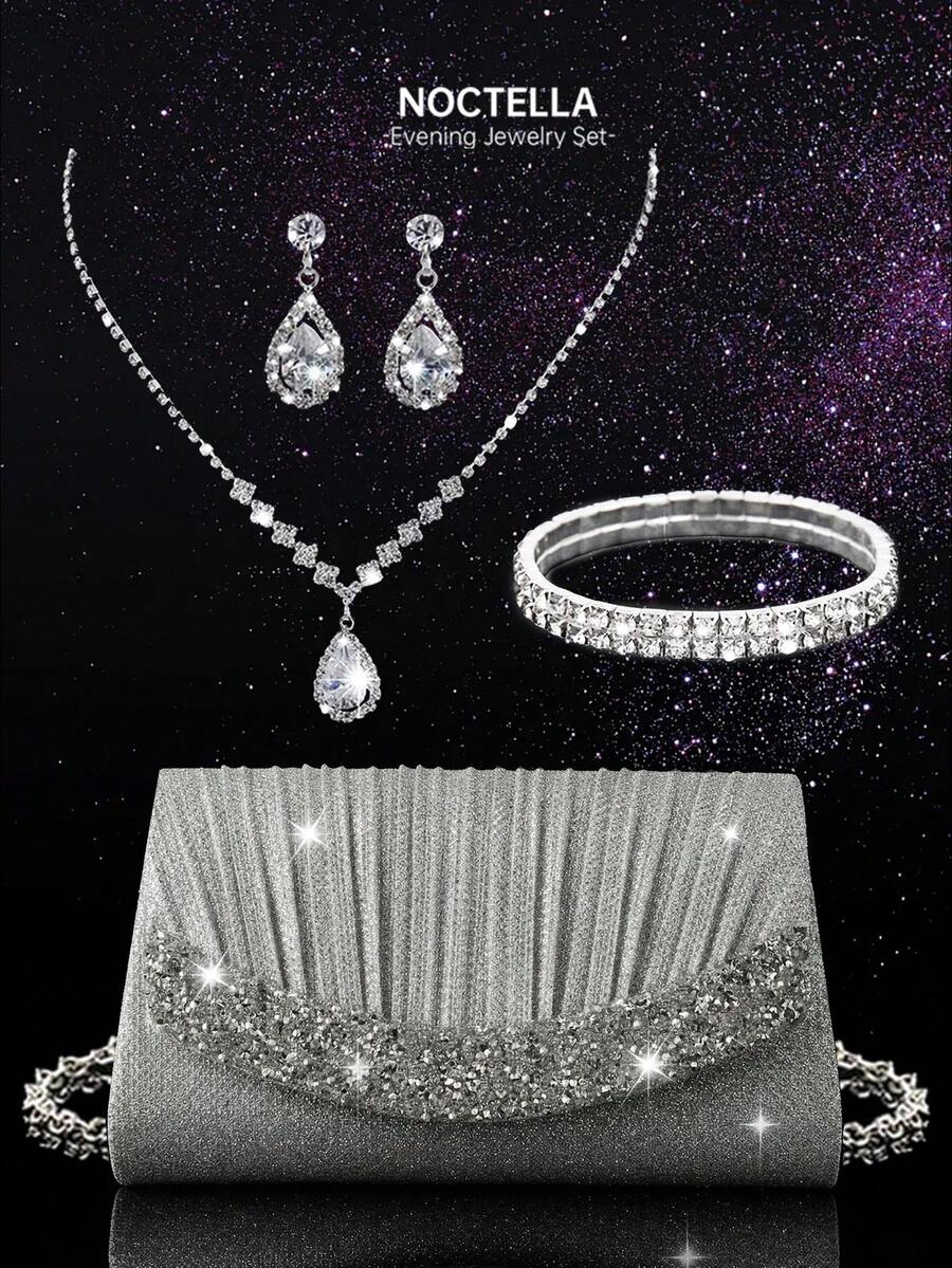 Noctella 四件套奢华水晶首饰套装:闪耀项链、耳环、手链和优雅褶皱水晶手拿包。可拆卸金属链条单肩包,适合婚礼和派对场合。多功能鸡尾酒会婚礼钱包手拿包 - 銀色 - 查看 1