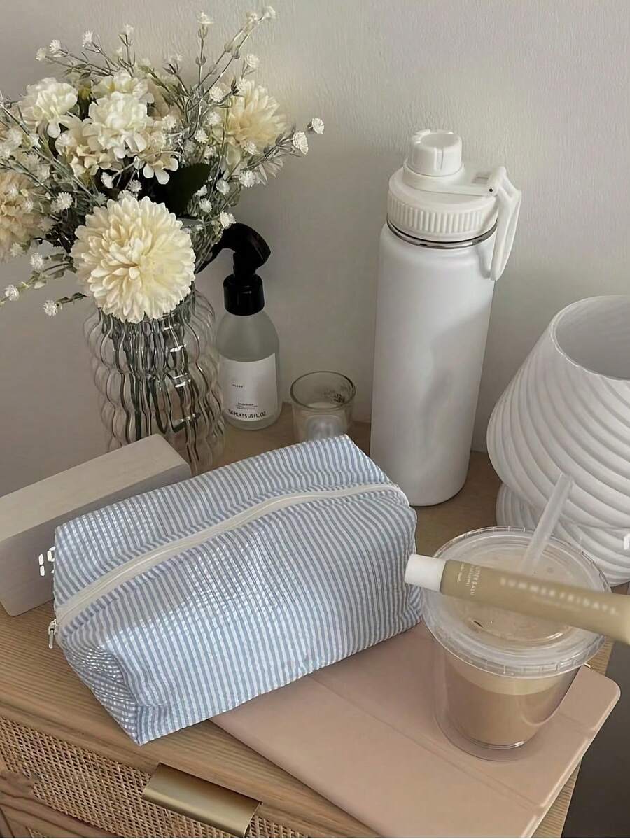 Striped Pattern Fluffy Soft Women's Cosmetic Bag, Zipper Travel Makeup Bag, Cute Plaid Toiletry Bag, Back To School Supplies - blue - 查看 1