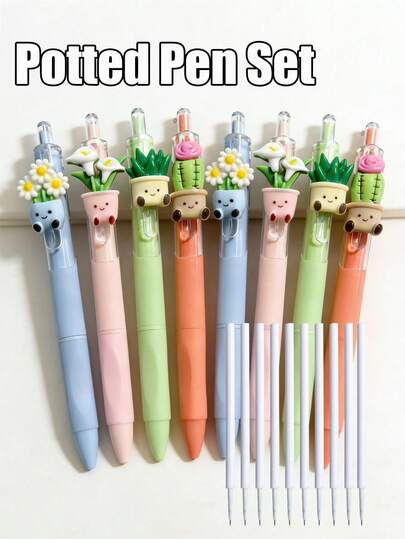 14pcs Plant Themed Retractable Ballpoint Pen Set, With Refill Cartridges, Various Potted Plant Stickers, Floral Quick-Drying Pens, Comfortable Grip, Smooth Writing, Office & School Supplies