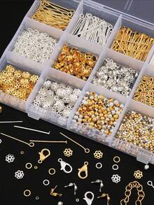 1260 piezas Juego de accesorios de metal, que incluye cuentas espaciadoras, broches de langosta, anillas de salto, para hacer pulseras, collares, aretes, ganchos para orejas, herramientas para hacer cuentas DIY - Multicolor - Ver 7