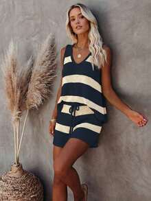 2026 New V-Neck Striped Contrast Color Knitted Vest And Shorts Casual Vacation Knit Set, Elegant And Relaxed Style, Suitable For Daily Commute, Holidays, Beach Outings Summer - Navy Blue - View 8