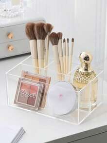 1pc Transparent 4-Grid Makeup Organizer Box, Clear Compartment Pencil Holder, Brush Pot, Cosmetic Storage Box For Bathroom, Bedroom, Travel Essentials, Organizer, Beauty - Clear - View 3