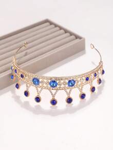 1pc European And American Bridal Bridesmaid Crown Headpiece, Alloy Rhinestone Hair Accessory For Evening Gown, Princess Style Hair Decoration - Royal Blue - View 5
