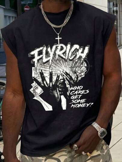 男士无袖T恤，饰有醒目的字母标语和手形钞票图案，休闲健身街头时尚肌肉背心，触感柔软，夏季款