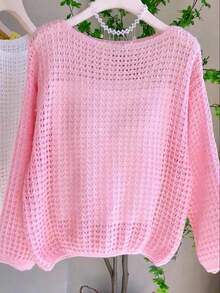 女士休闲纯色镂空针织毛衣，夏季 - 粉色 - 查看 2