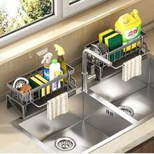 Multi-Functional Kitchen ABS Material Storage Rack Kitchen Sink Faucet Sponge Drain Basket Kitchen Shelf Sink Rags Draining Rack Detergent Steel Wire Ball Storage Rack, Can Hang Cleaning Cloth Can Store Cleaning Tools, Kitchen Accessories - 灰色 - 查看 2