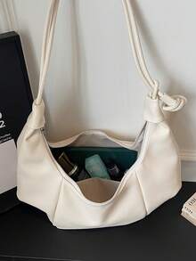 1pc Solid Color PU Crescent Shoulder Bag, Large Capacity, Fashionable For Adult Women, Suitable For Outings And Shopping - Beige - View 4