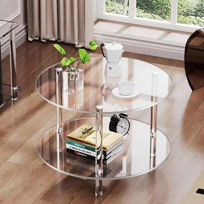 1 chiếc bàn tròn bằng acrylic, bàn hai lớp cạnh bo tròn, nhẹ và có thể tháo rời, thích hợp cho phòng khách, quầy lễ tân văn phòng, căn hộ và tiệc ngoài trời.