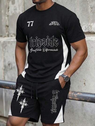  FRACTYR 男士夏季休闲街头风黑白荆棘哥特字母印花宽松圆领短袖T恤和抽绳短裤套装，柔软舒适，打造夏季街头哥特风