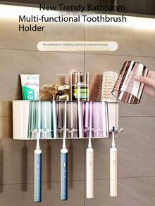 1pc Automatic Toothpaste Dispenser With Toothbrush Holder, Wall-Mounted Toothbrush Storage Rack With Rinse Cup, Space-Saving Bathroom Organizer For Toothbrush And Cup, Home Bathroom Decor, Autumn, Back To School - White - View 8