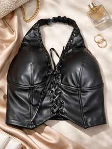 Cropped Halter Corset In PU Leather With Front Lacing - 黑色 - 查看 2