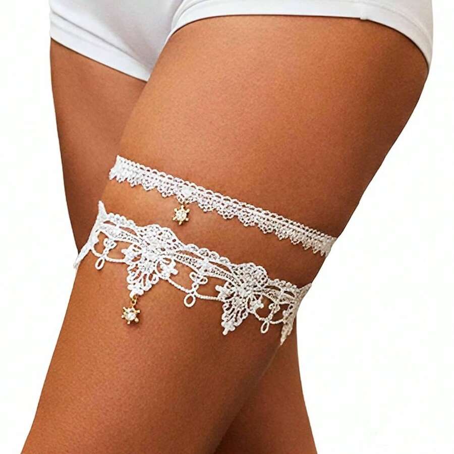 [Free Shipping]Garter Lace Thigh Garters For Bride Rhinestone Bridal Garter For Women(2 Pcs) - White - View 1