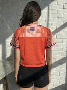 Women's Summer/Spring Casual Sheer Mesh V-Neck Lace Patchwork Drawstring Cropped T-Shirt, All-Over National Flag Print, Blokette Blokecore Style, Breathable & Cool, Summer/Spring Clothing, Summer/Spring Tops, Summer/Spring Apparel, Outdoor Wear, Sports Fashion, Match Day Essential, Football Game Attire, Women's Summer Tops - Orange - View 2