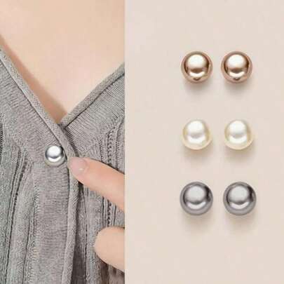 6pcs Pearl Design Plastic Buttons - No Sewing Needed Adjustable Buttons, Shiny Spherical White/Silver And Gold Decorative Buttons, Suitable For Shirts, Dresses, Jackets And Tops - Durable And Easy To Use (6pcs), Fashionable Sequin Buttons, Elegant Flat Buttons, Suitable For Women's Cardigans And Jackets