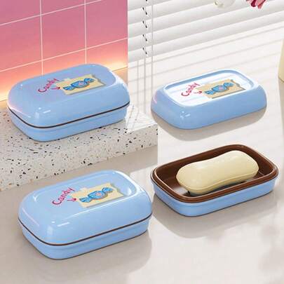 1pc Cute Creative Dual Layer Soap Dish With Cover, Portable For Student Dorm, Home, Bathroom Use