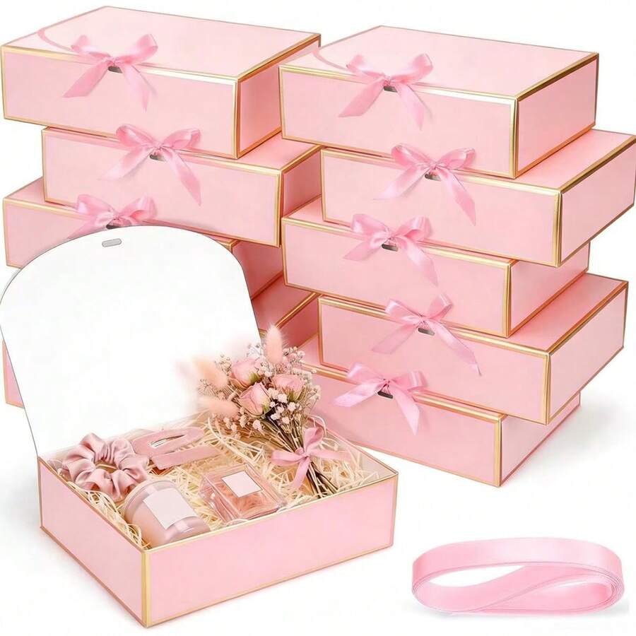 10pcs Set Lidded Gift Box, Gold Trim Pink Box, Size 10.6 X 7.8 X 3.1 Inches, With Pink Ribbon, Suitable For Bridesmaid Invitation, Wedding Gift, Birthday Gift, Party Favor, Decor, Valentine's Day, Bridal Box