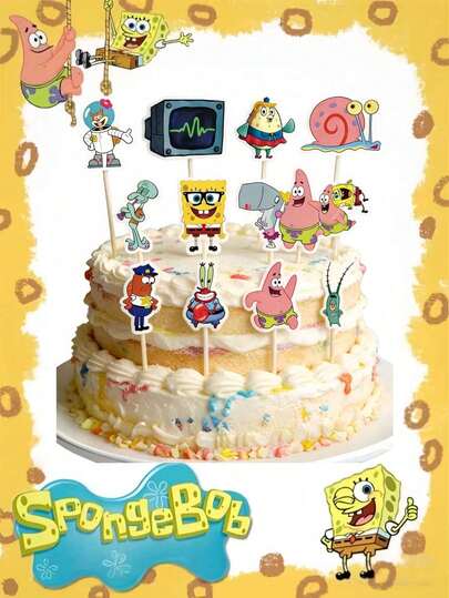 SpongeBob SquarePants 24pcs/48pcs Main Character Series Cake Decorations Flags, Including Squidward, Sandy And Gary. Cute Character Paper Cake Decorations Set, Fruit Cake Flags, Banner Inserts, Dessert Table Decor, Paper Cake Decorations, Suitable For Birthday Decoration, Party Decoration, Birthday Gifts, Ideal Gifts For Friends, Random Styles.