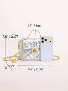 1 pièce Sac à chaîne rose en PU matelassé avec motif en diamant brodé, sac carré petit et à la mode avec rabat et fermeture à bascule, sac à épaule/bandoulière polyvalent convenant pour un usage quotidien, des sorties, les courses, le thé de l'après-midi - Argent - Voir 3