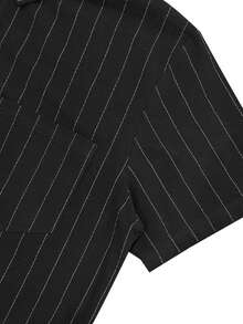 Camisa casual de manga corta para hombre, de lino americano jacquard, suelta y transpirable, con rayas - Negro - Ver 6