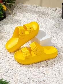 2024 New Summer EVA Platform Versatile Outdoor Wear Anti-Slip Durable Shock-Absorbing Double Buckle Sandals Women's Fashion Home Lightweight Comfortable Slippers - Yellow - View 2