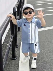 男婴春夏休闲条纹衬衫短裤套装（2件套），纽扣设计搭配马匹印花细节，宽松舒适，不易起皱，适合上学、外出、日常穿着。 - 藍色 - 查看 3