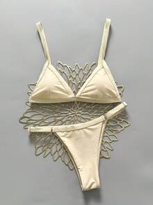 Conjunto de bikini de 2 piezas de unicolor para mujer, estética Y2K con espalda abierta, tirantes ajustables y copa triangular para vacaciones y playa en verano - Champán - Ver 3