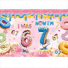 1pc 2D Flat Birthday Party Photography Backdrop, "I WAS 6, NOW I'M 7" Text Design With Donut, Lollipop, Chocolate Pattern, Sparkling Stars, Suitable For 6-7 Years Old Celebration, Family Gathering Party Banner, Vinyl Material - Multicolor - View 20