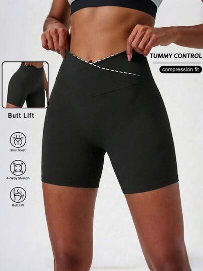 FWH Women's V-Line Waist Design Slim-Fit Shorts, Waist-Enhancing Sculpting Silhouette, Versatile For Outdoor & Casual Wear, Basic Sports Shorts