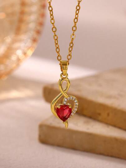 1 Pc Fashion Red Cubic Zirconia Heart Necklace For Women Gold Color Geometric Pendant Clavicle Chain Birthday Party Jewelry Mother's Day Gift