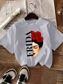 Yuega Tshrit 1pcPlus Size - Plus Size - Elegant Women'S T-Shirt| Artistic Style Side Portrait With Red Floral And "FRIDA" Print, Summer New Short Sleeve, Crew Neck, Slight Stretch FabricSummer Clothing Tops - 淺灰色 - 查看 14